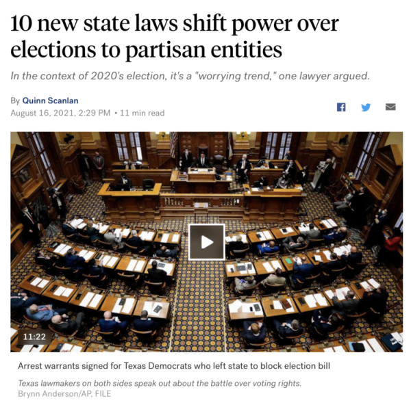 ABC News article, headline is 10 new state laws shift power over elections to partisan entities