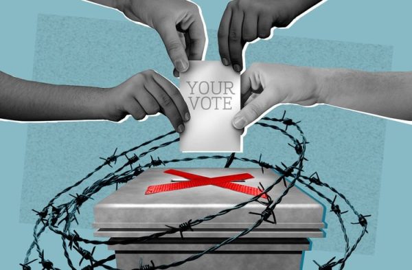 illustration of hands attempting to put ballot in box that is taped shut and surrounded with barbed wire