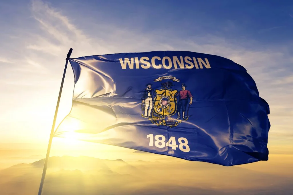 Wisconsin State Flag waving in the wind