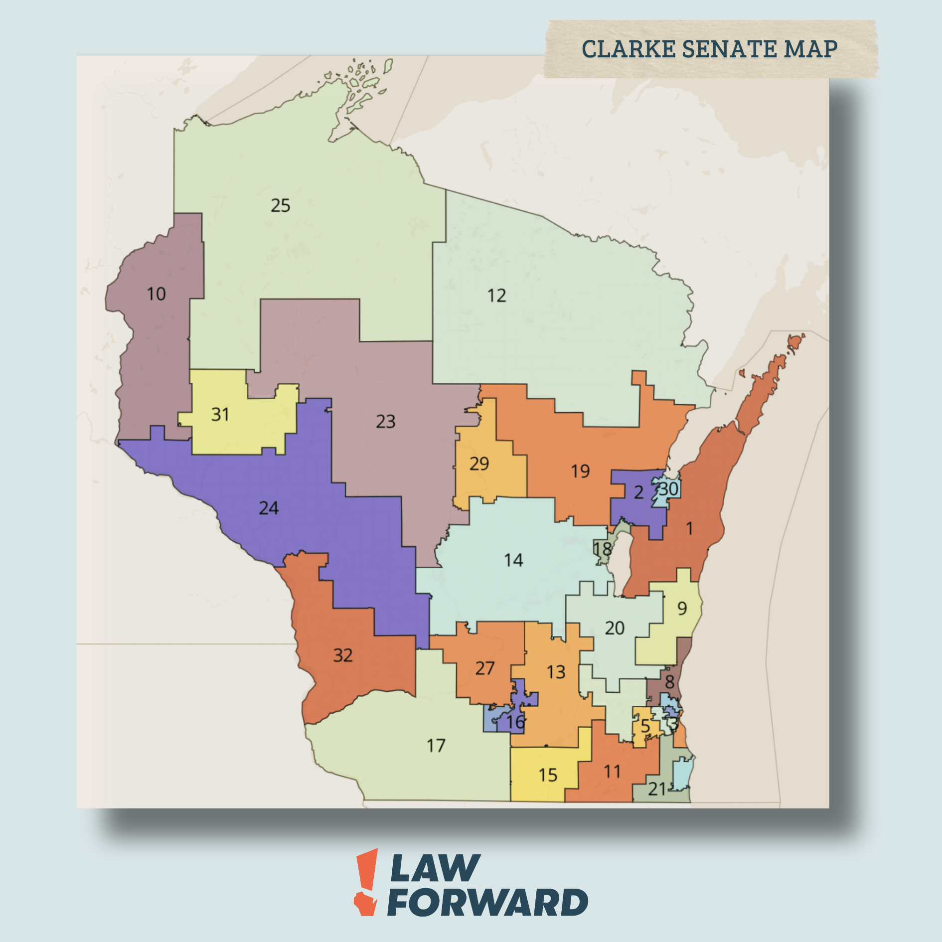 a map of Wisconsin outlined with proposed Senate Districts in different colors